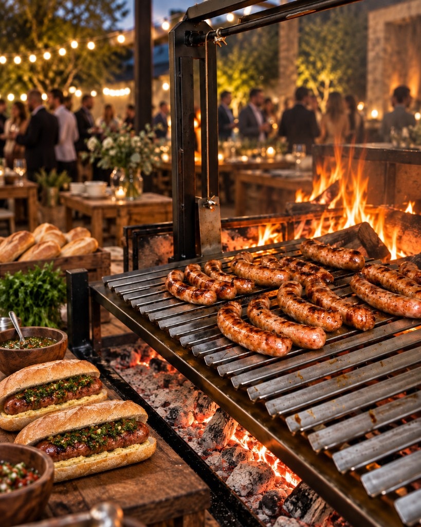 Parrilla argentina en un evento especial, con chorizos a la brasa y choripanes listos