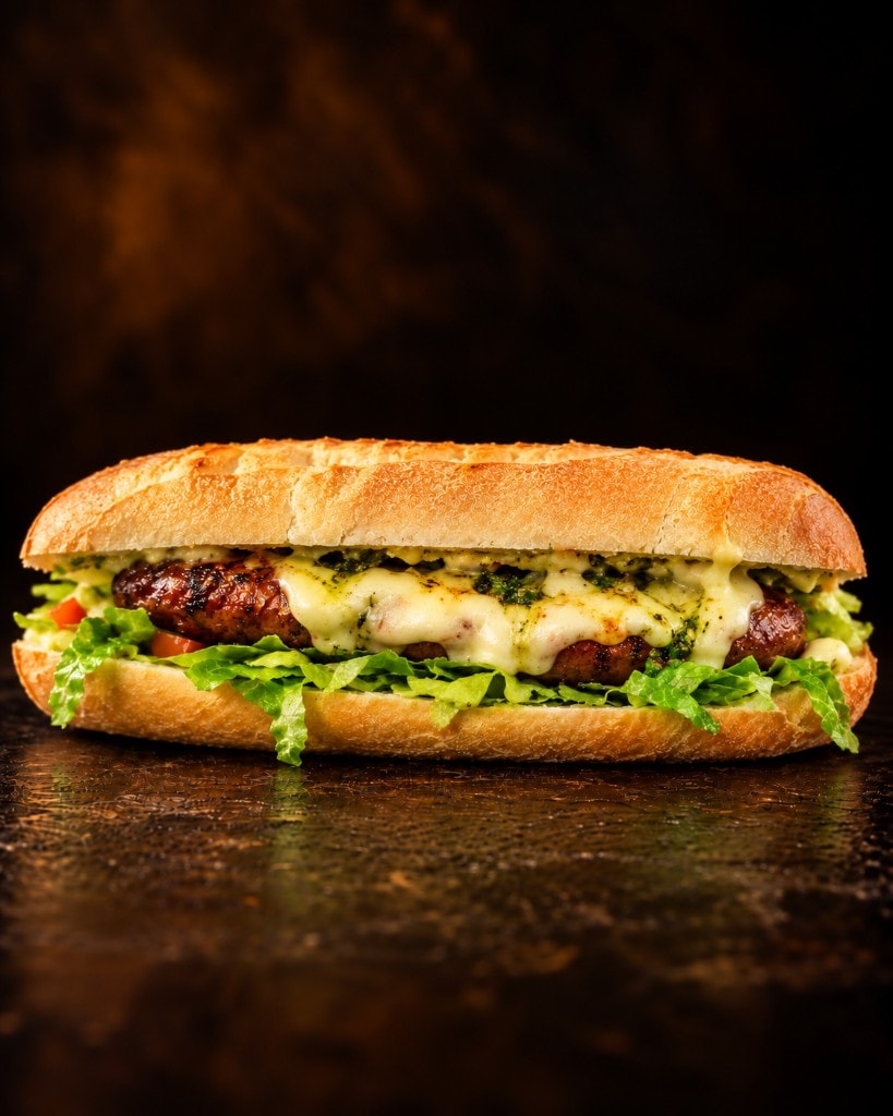 Choripán especial con cebolla caramelizada, queso suizo y salsa criolla