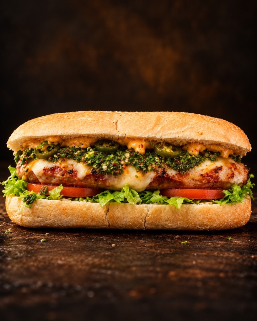 Choripán mexicano con jalapeños, queso suizo picante, lechuga y tomate