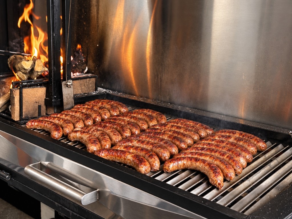 Chorizos artesanales cocinándose en parrilla con fuego