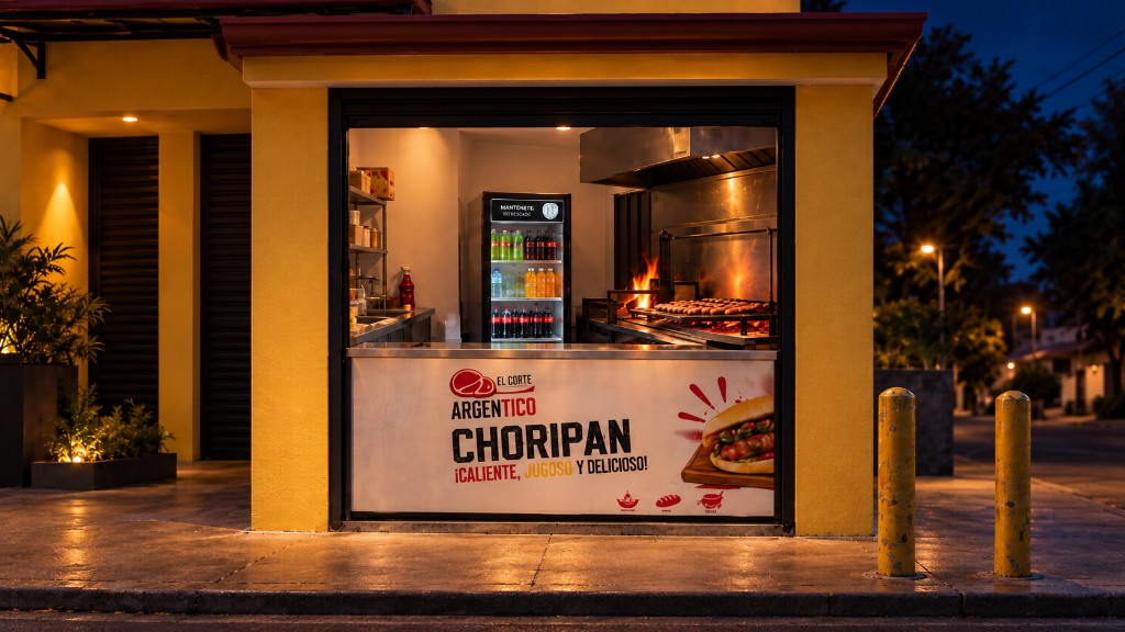 Mostrador nocturno de El Corte ArgenTico con parrilla y choripanes a la brasa